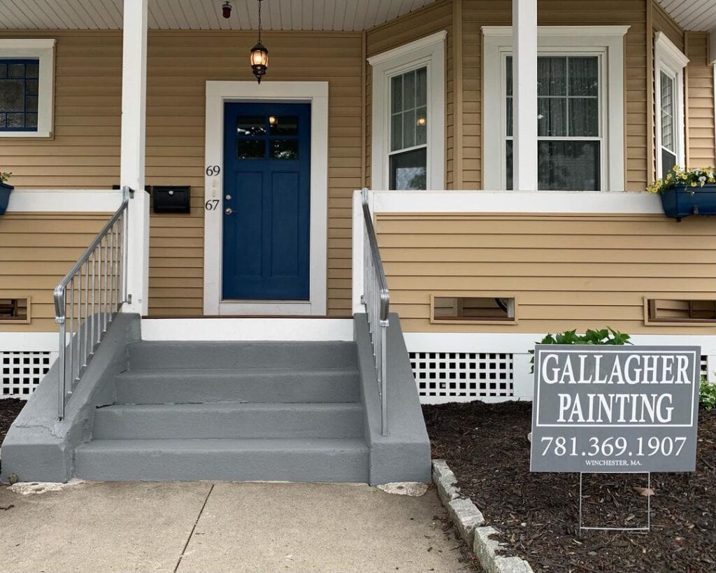 Residential Exterior project with Gallagher Painting yard sign in Winchester, MA