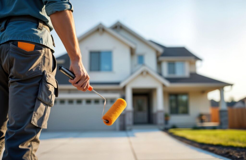 A man with a paint roller prepares to paint the front of a house, showcasing home improvement efforts.