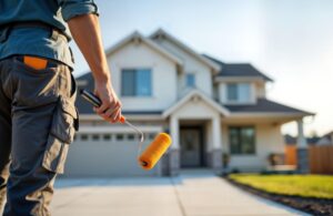 A man with a paint roller prepares to paint the front of a house, showcasing home improvement efforts.